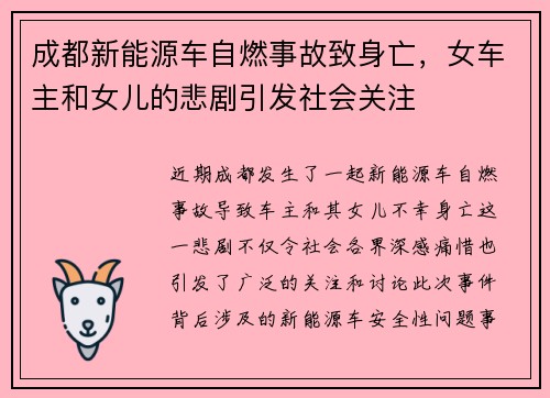 成都新能源车自燃事故致身亡，女车主和女儿的悲剧引发社会关注