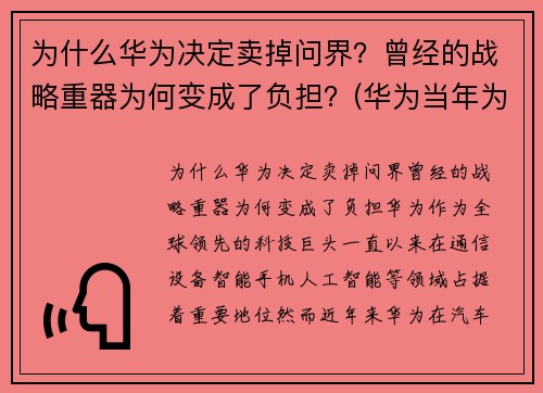 为什么华为决定卖掉问界？曾经的战略重器为何变成了负担？(华为当年为什么想卖掉)