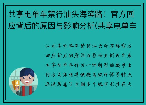 共享电单车禁行汕头海滨路！官方回应背后的原因与影响分析(共享电单车运营方案)
