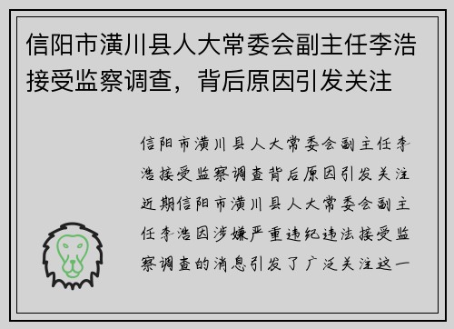 信阳市潢川县人大常委会副主任李浩接受监察调查，背后原因引发关注