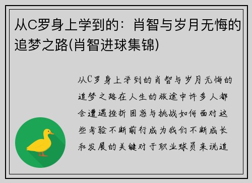 从C罗身上学到的：肖智与岁月无悔的追梦之路(肖智进球集锦)