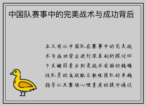 中国队赛事中的完美战术与成功背后