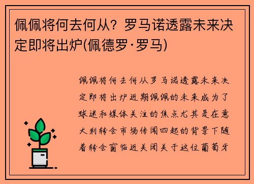 佩佩将何去何从？罗马诺透露未来决定即将出炉(佩德罗·罗马)
