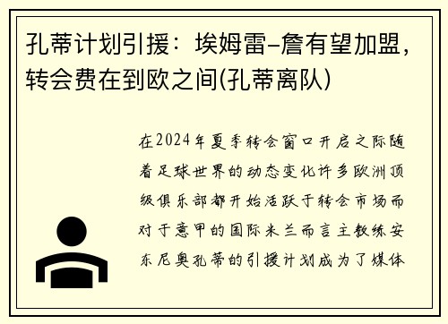 孔蒂计划引援：埃姆雷-詹有望加盟，转会费在到欧之间(孔蒂离队)