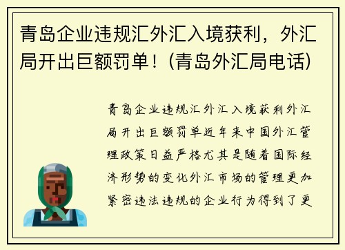 青岛企业违规汇外汇入境获利，外汇局开出巨额罚单！(青岛外汇局电话)